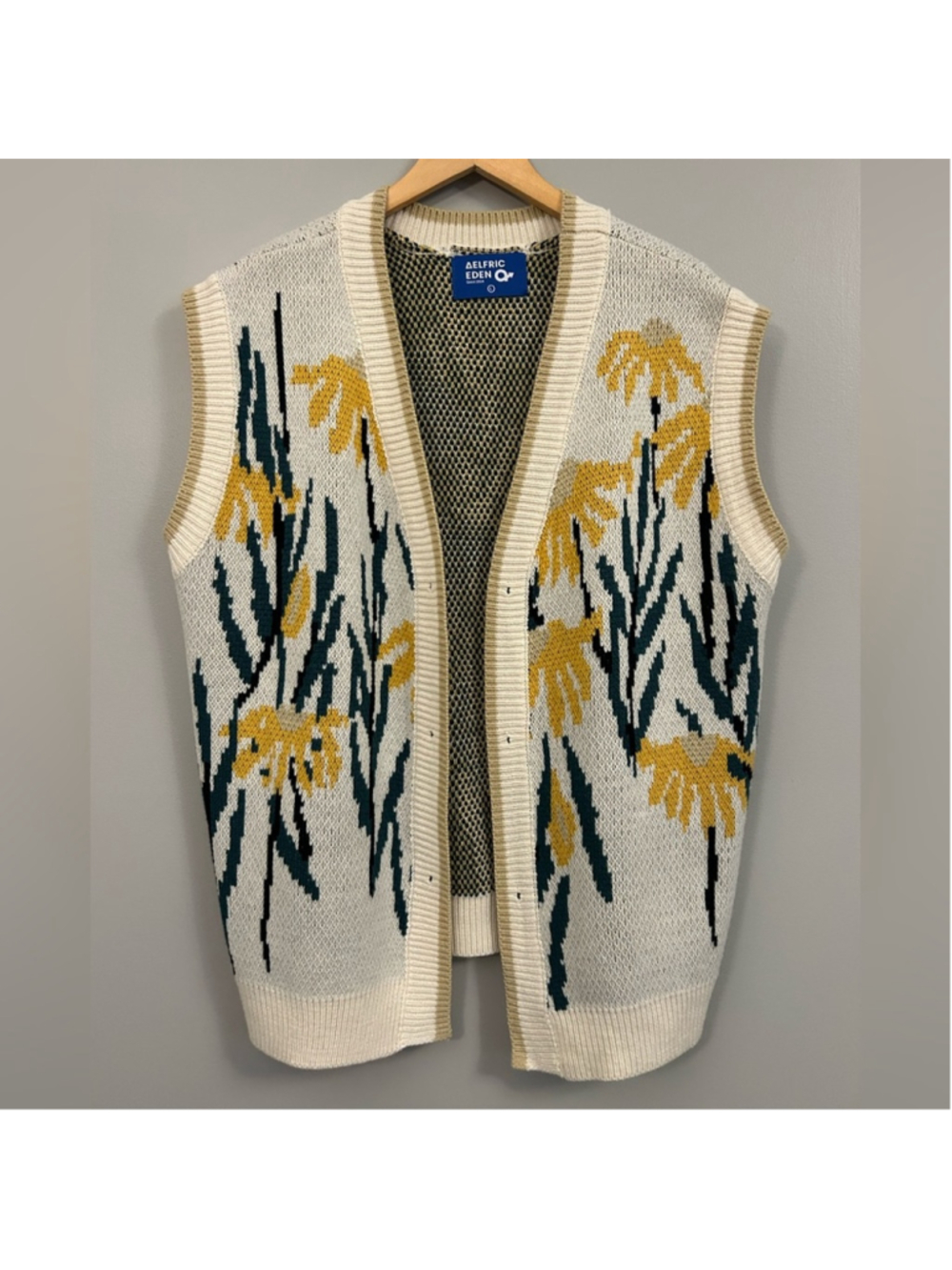 Aelfric Eden Cream Knit Floral Vest with Yellow and Green Motif Large